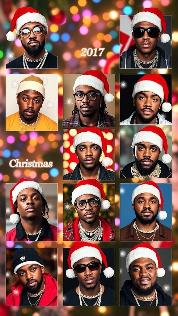 A collage of Christmas-themed rapper profile pictures with festive elements.